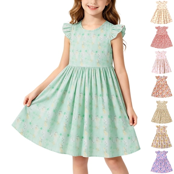SROBPTY Teen Girls Dresses Print Sleeveless Crew Neck Floral Mid-Length Sundress for 4-16Y