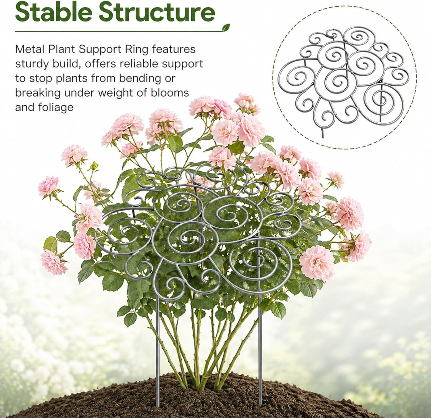 Heavy Duty Metal Plant Support Ring for Garden, Decorative Peony Cages and Stackable Stakes for Climbing Plants, Vines and Tomatoes