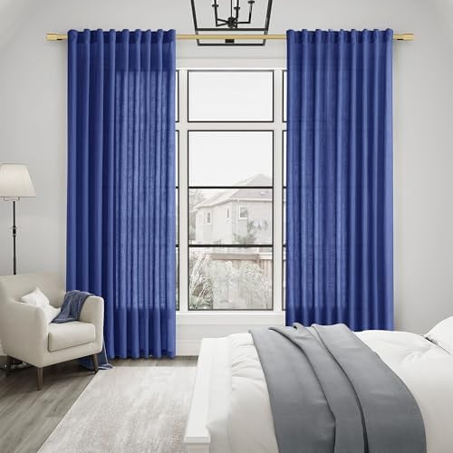 Classic Blue Linen Semi Sheer Curtains 84 Inches Length Light Filtering Neutral Farmhouse Boho Rod Pocket Back Tab Hook Belt Clip Rings Window Drapes for Bedroom Living Room 2 Panels 52x84