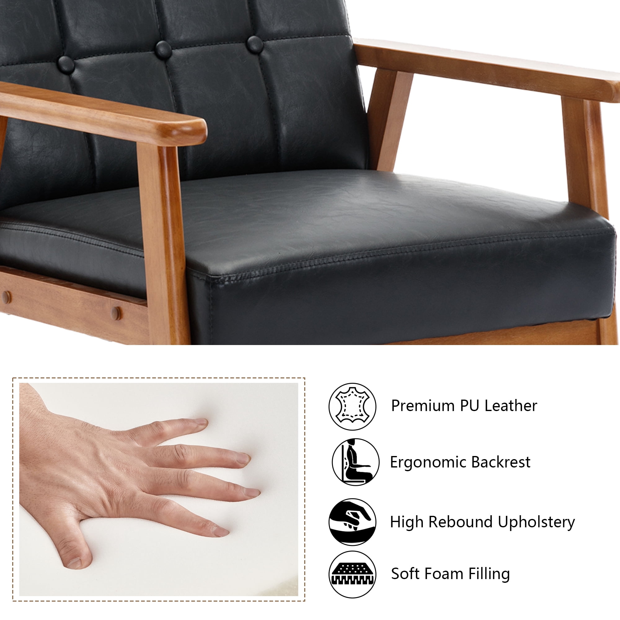 Miniyam Mid Century Modern Accent Chair with Wood Frame,PU Leather Single Reading Chair,Armchair for Living Room Bedroom Home Belcony Office,Black