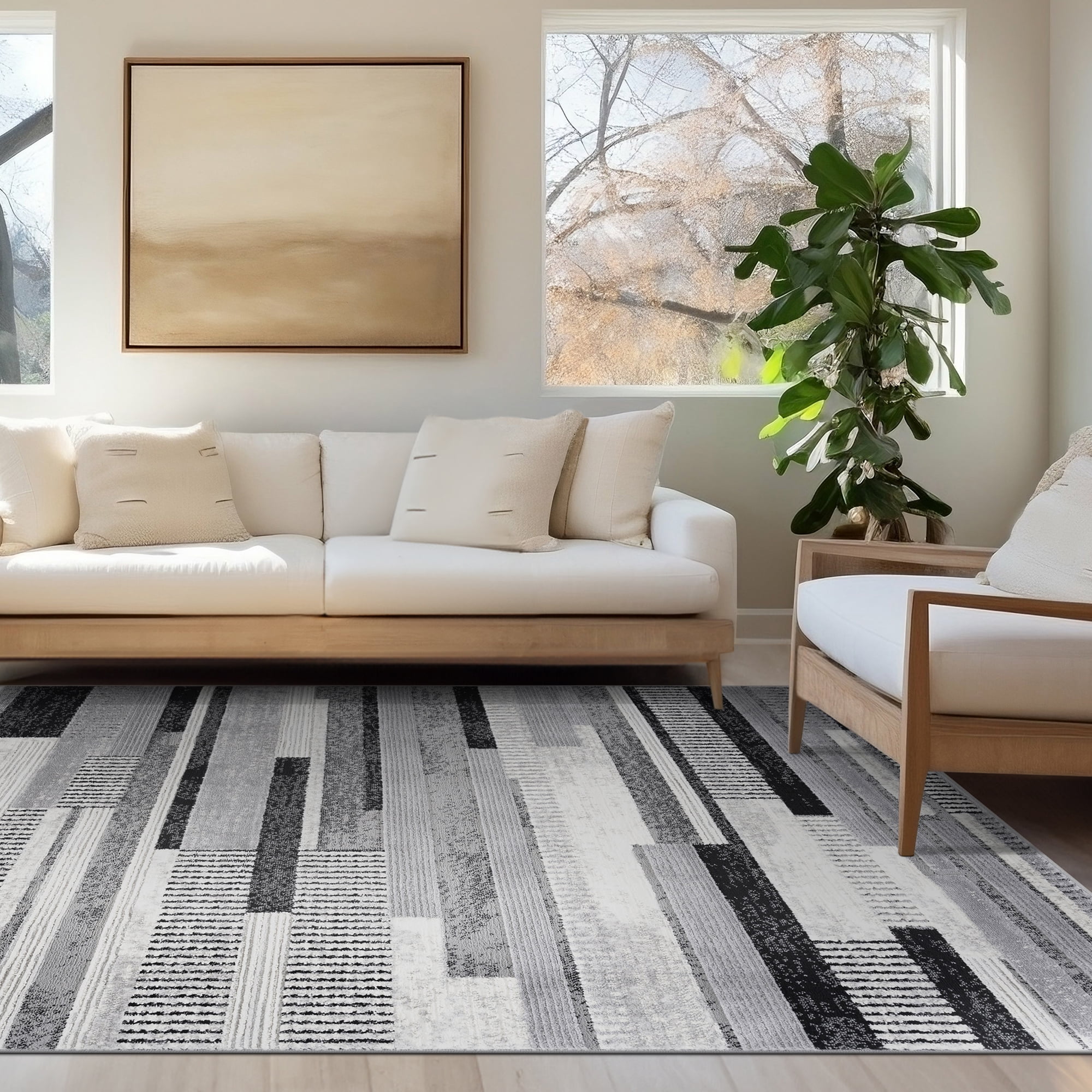 Alpha Contemporary 2' x 7' Gray and Black Polyester Indoor Area Rug