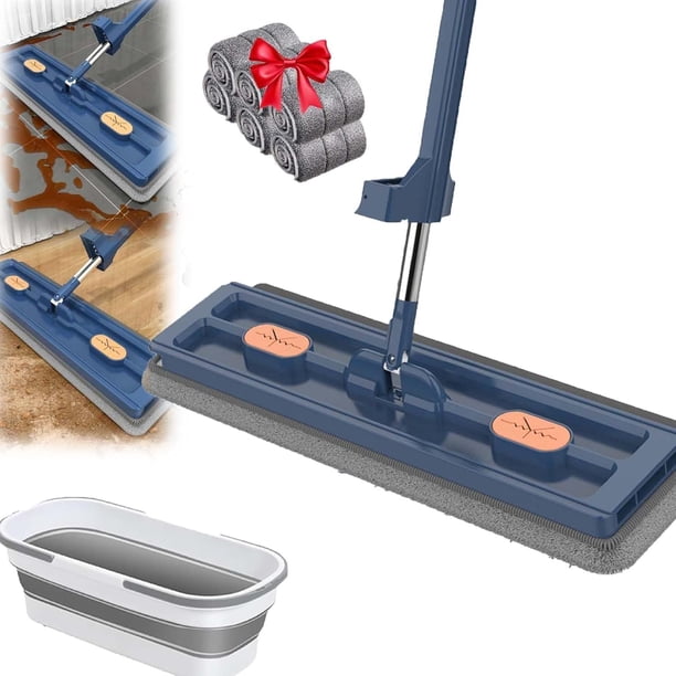 2025 Large Flat Mop,360 Rotation Flat Mop with Bucket with 6 Microfiber Pads,for Tile,Hardwood,Windows Wet and Dry (Blue)
