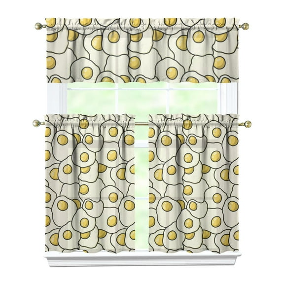 3 PCS Kitchen Curtains Set with Valance - Fried Egg & Farmhouse Style Semi-Sheer Tier Curtains for Windows, 54x18 & 27.5x36 Inch, Rod Pocket Breakfast & Cooking Theme Decor