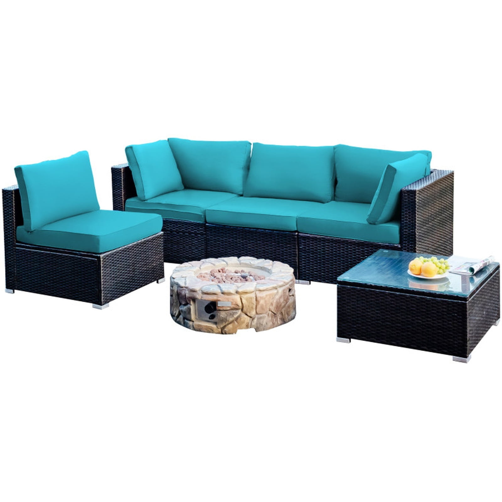 Furnibear 5 Piece Cushioned Patio Rattan Furniture Set with Glass Table, Outdoor Wicker Conversation Set with 4 Chairs for Garden Backyard, White