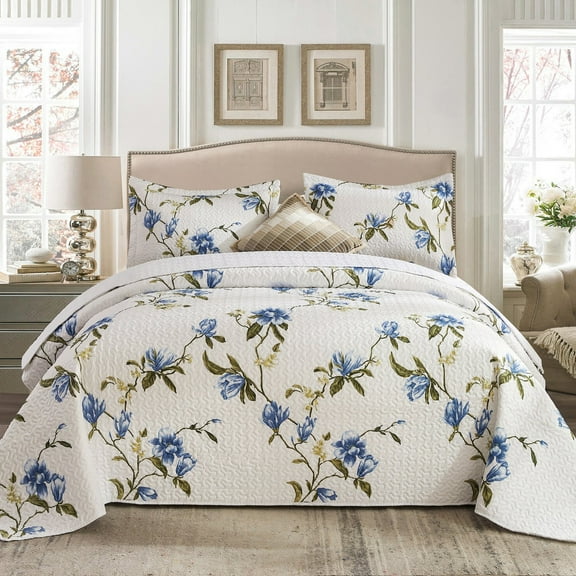 3-Piece Queen Floral Quilt Set - Cymbidium Pattern Soft Microfiber Lightweight for All Season (1 Quilt, 2 Pillow Shams)