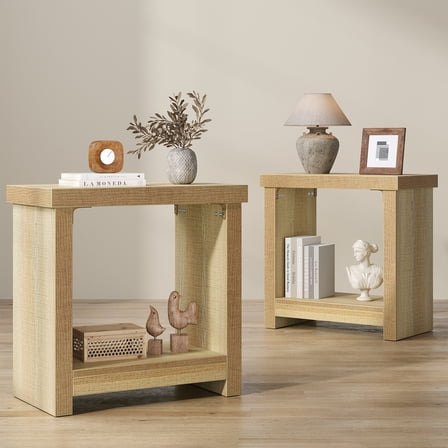 Farmhouse End Tables Set of 2, Narrow Side Tables with Storage Shelves, Square Nightstand for Bedroom, Slim Rectangle Accent Table for Living Room, Natural Oak Finish Bedside Table (2 Pieces)