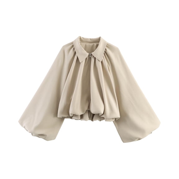 Sewkxo Womens Cropped Puff Sleeve Bomber Jacket Lapel Collar Pleated Full Zip Coat Spring Loose Fit Trendy Outerwear,Khaki L