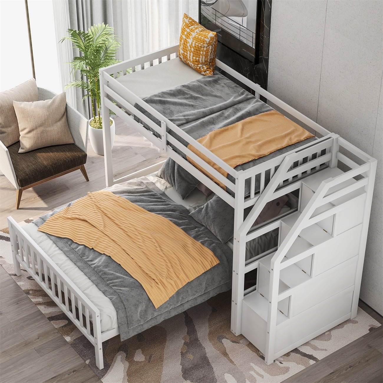 Convertible Twin Over Full Loft Bed with Staircase, Wooden Bunk Bed