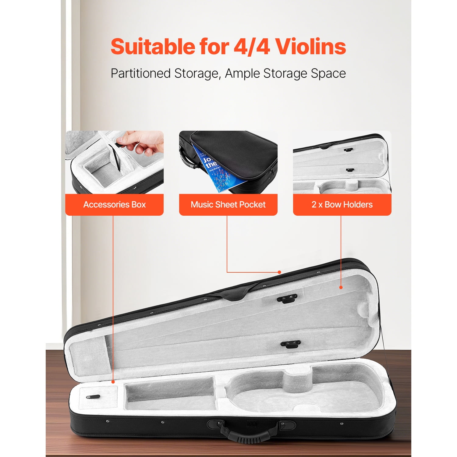 KFFKFF 4/4 Full Size Violin Case, Waterproof Nylon, Lightweight Travel Bag, Plush Interior, Dual Shoulder Straps, Scratch-Resistant, Triangular Design, for Violin, Black