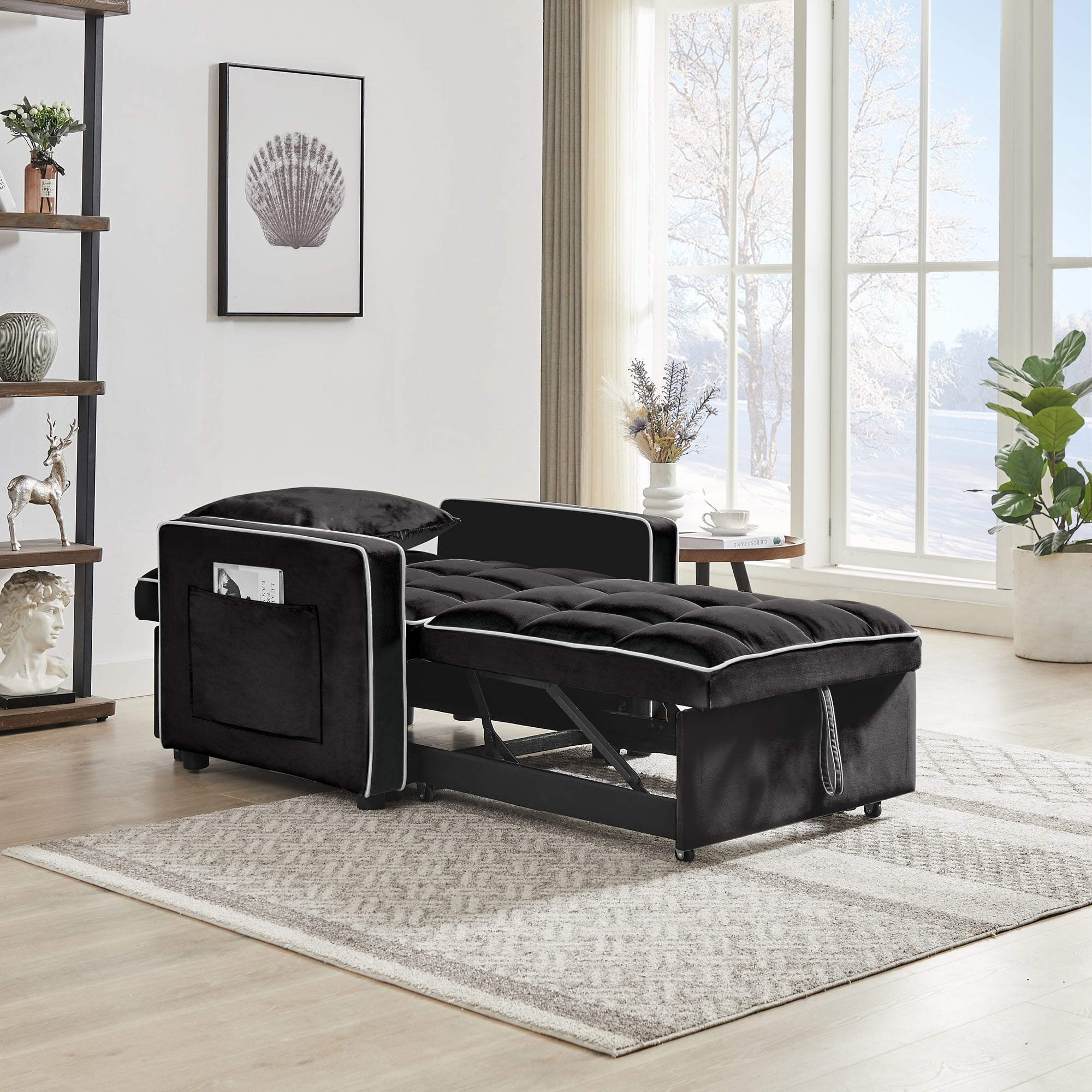 Lunale Sleeper Sofa Chair Bed, 3-in-1 Convertible Sofa Chair, Black ​Velvet