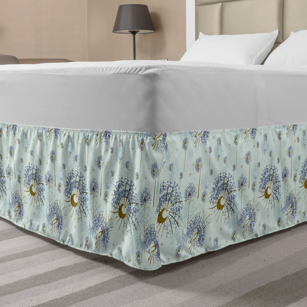 Dandelion Bed Skirt, Grunge Pattern of Abstract Botanical Motif, Elastic Bedskirt Dust Ruffle