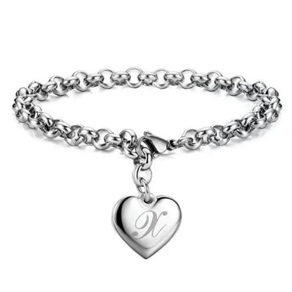 EOEMY 925 Sterling Solid Silver Jewelry A-Z Letter Charm Heart Bracelet For Women-X