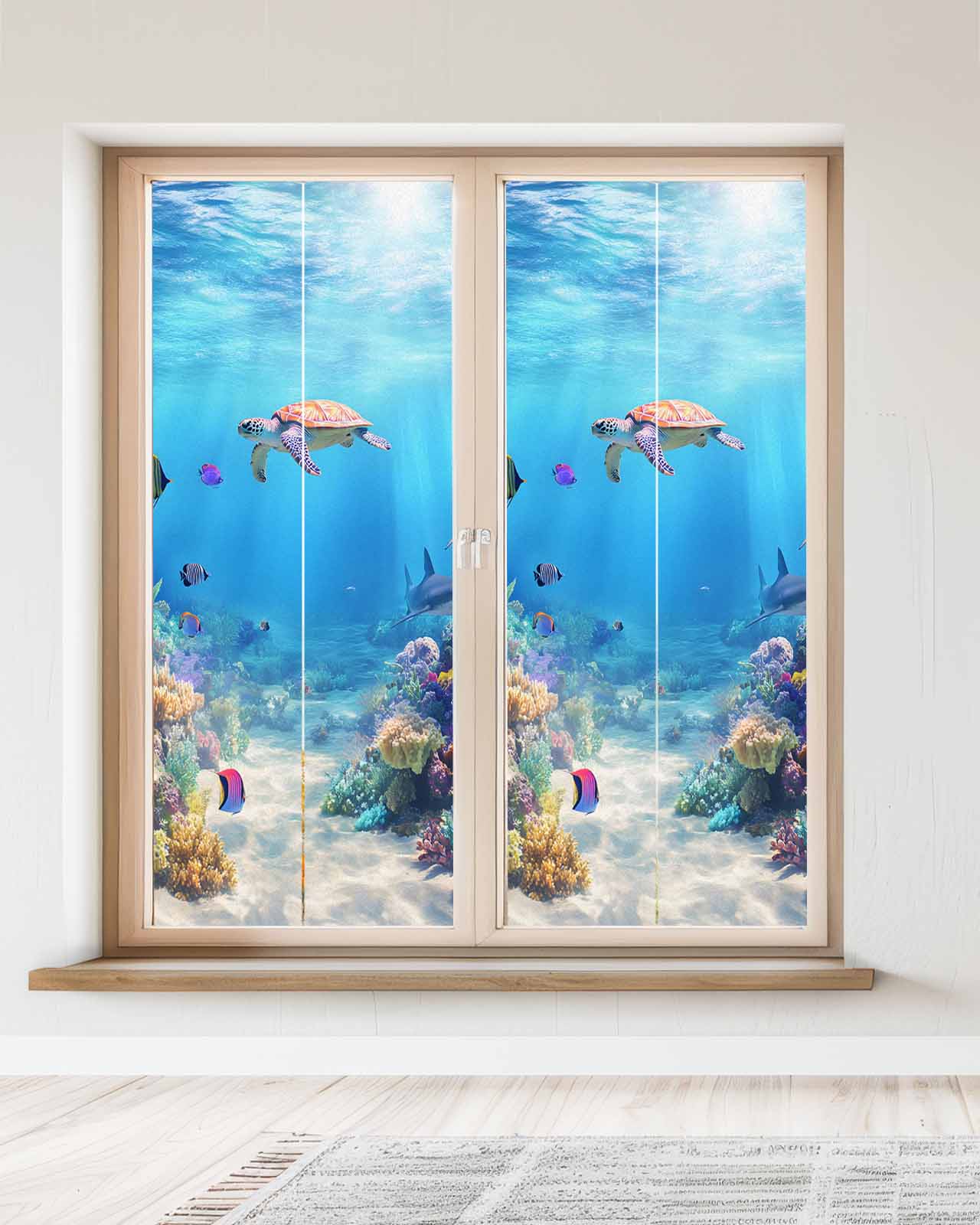 Window Privacy Film Ocean Turtle Stained Glass Window Film Decorative Sun Block Window Cover Blue Beach Summer Dolphin Whale Coral Fish Window Clings Static Adhesive Sticker for Bathroom 23.6"x59"