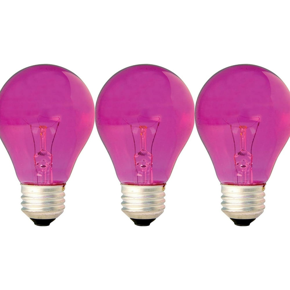 47627 25Watt Pink A19 Light Bulb with Medium Base, 3Pack, A19 shape with base for use in table