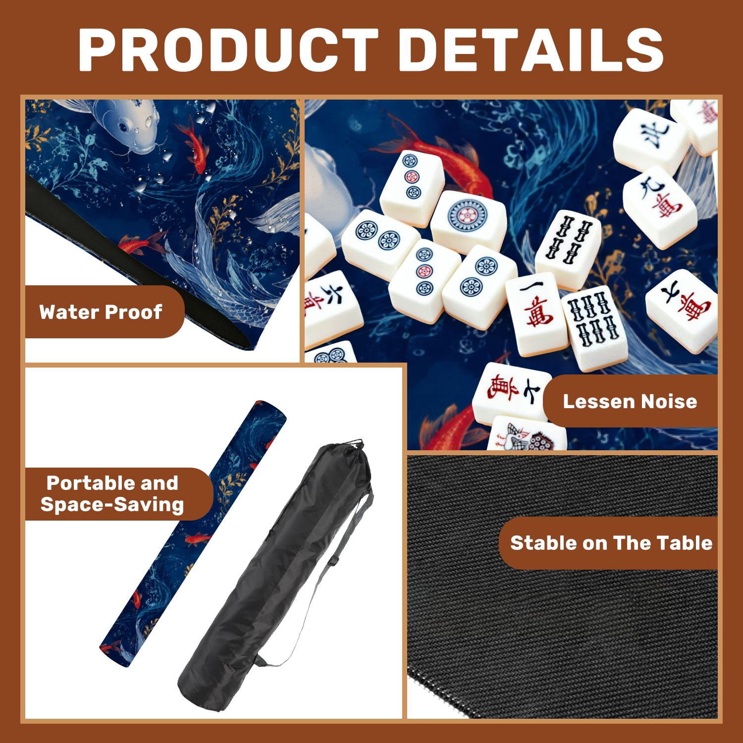Mahjong Mat 31.5" x 31.5" Fish Flowing Lines Deep Blue Non-Slip Noise Reduction American Mahjong Tiles Table Cover for Dominoes Poker Card Board Games Gift
