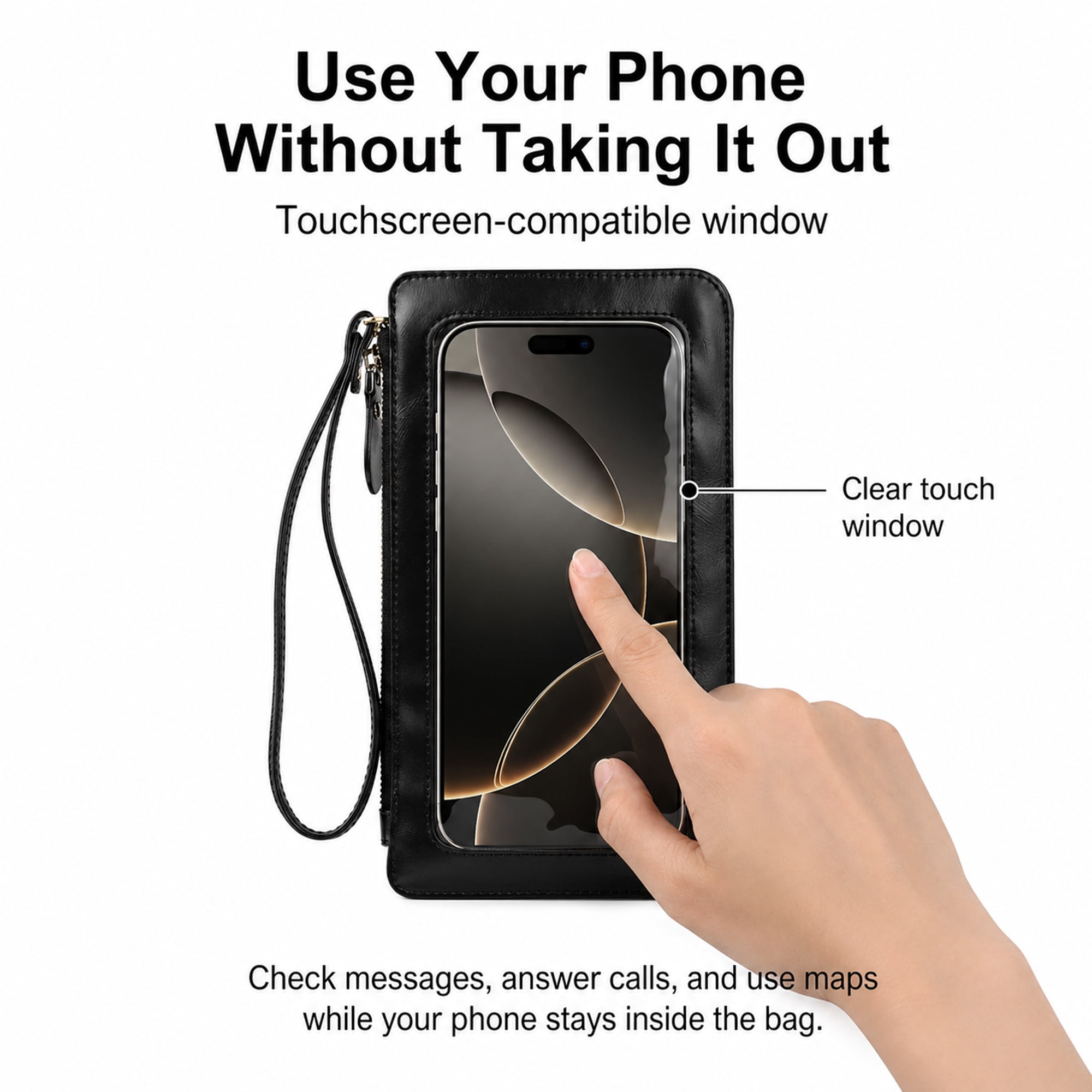 Touch Screen Phone Crossbody Bag, Mini Smartphone Shoulder Pouch with Clear Window Black