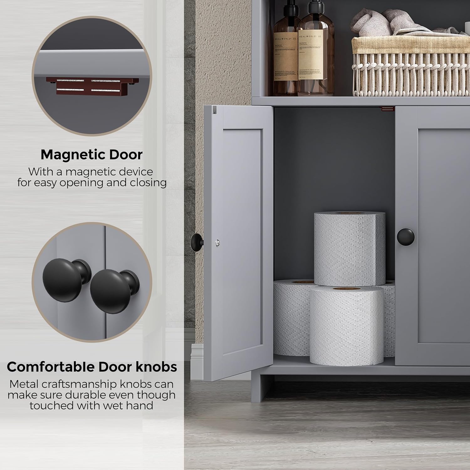 Small Bathroom Storage Cabinet, Freestanding Toilet Paper Storage with 2 Doors and Shelves, Bathroom Organizers and Storage for Small Spaces, laundry room, 7.9" D x 14.6" W x 31" H, Gray