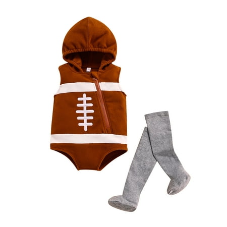 

Baby Romper Set American Football Rugby Cartoon Oblique Zipper Hooded Sleeveless Jumpsuit Stockings