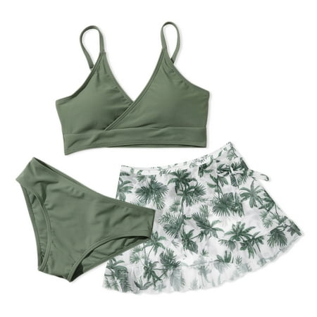 

BULLPIANO 8-12T 3 Piece Swimsuit Girl s Tropical Print Bikini Set Sport Bathing Suit with Shorts(Chest pad removable)