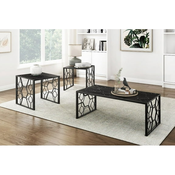 Modern 3-Piece Occasional Table Set - Black Metal & Marble-Top Design