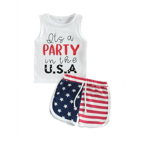 

wybzd Baby Boys Independence Day Outfits Letter Print Sleeveless Tank Tops Stars Stripe Shorts Set White 2-3 Years