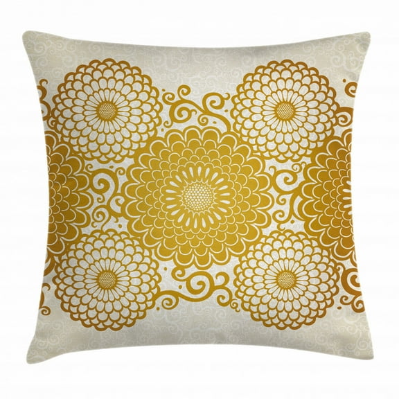 Gold Mandala Throw Pillow Cushion Cover, Border with Large Flowers and Curls Chrysanthemums Peonies Rococo Style, Decorative Square Accent Pillow Case, 20 X 20 Inches, Eggshell Gold, by Ambesonne