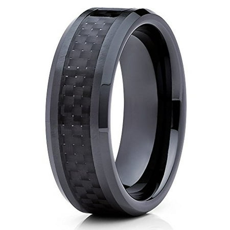 Ladies Tungsten Carbide Ring 8mm Tungsten Wedding Band Black Tungsten Ring Carbon Fiber Tungsten Carbide Men Women Comfort Fit ()