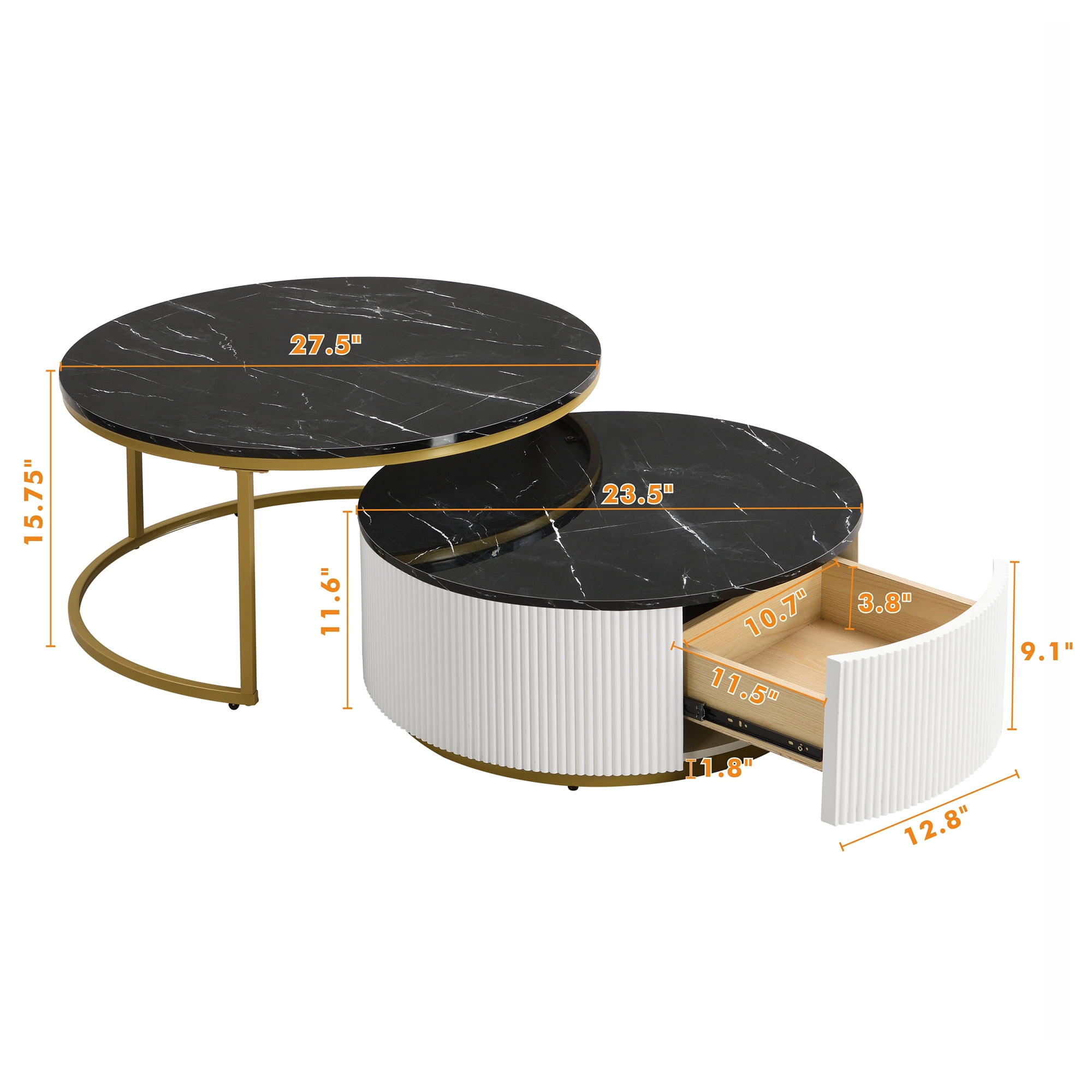 Harper & Bright Designs Gold Round Nesting Coffee Table Set of 2, Fluted Center Table with Glod Legs, Modern End Table with Drawer for Living Room