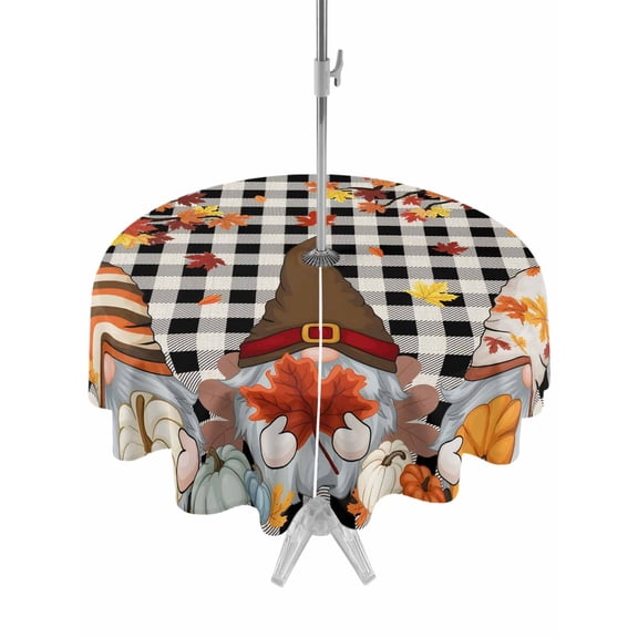 Outdoor Tablecloth with Umbrella Hole and Zipper, Thanksgiving Gnomes Round Table Cloth 54 Inch Waterproof Tablecloth, Fallen Maple Leaf Pumpkin Black Plaid Picnic Table Cover for Patio Camping