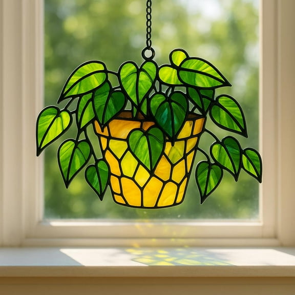 Potted Plant Acrylic Suncatcher, Pothos Leaves Faux Stained Glass Suncatcher, Botanical Window Hanging, Monstera Plant Decor