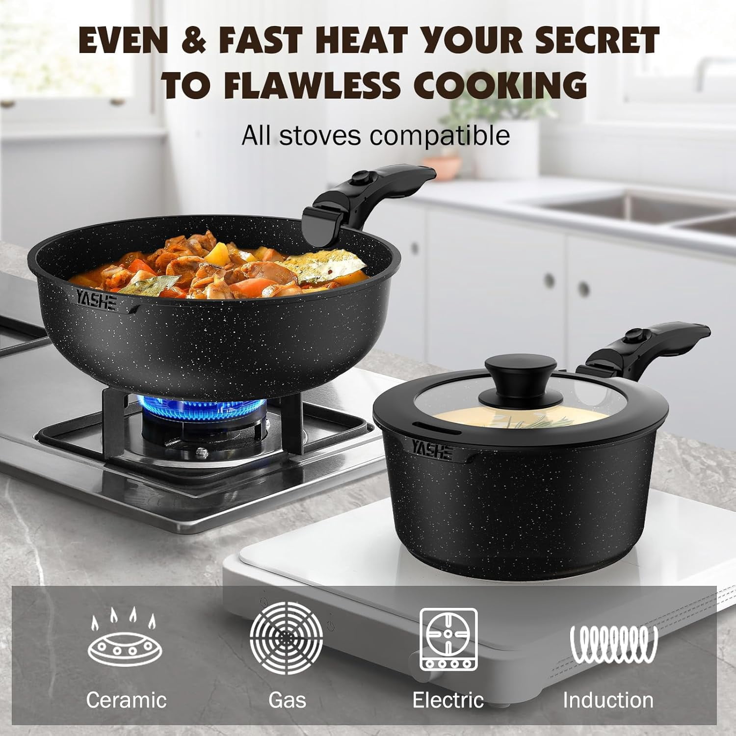 YASHE 21 Pcs Nonstick Cookware Set with Detachable Handle, Stackable Pots and Pans Set, Induction Compatible, Oven Safe, Dishwasher Safe, Space-Saving Kitchen Cookware for Home & RV