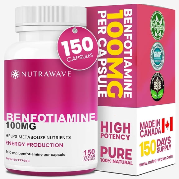 Nutrawave Benfotiamine (Vitamin B1) 100 mg – High-Absorption B1 for Nerve & Energy Support, 150 Vegan Capsules, Non-GMO, Gluten-Free, Made in Canada