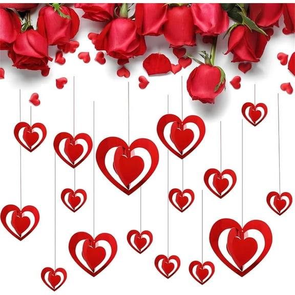 Red Heart Hanging Foil Decorations,16 Pcs 3D Glitter Love Pendants,Double-Sided Hollow Swirl Heart Ornaments,Valentine's Day and Wedding Decoration,for Home Garland Ceiling