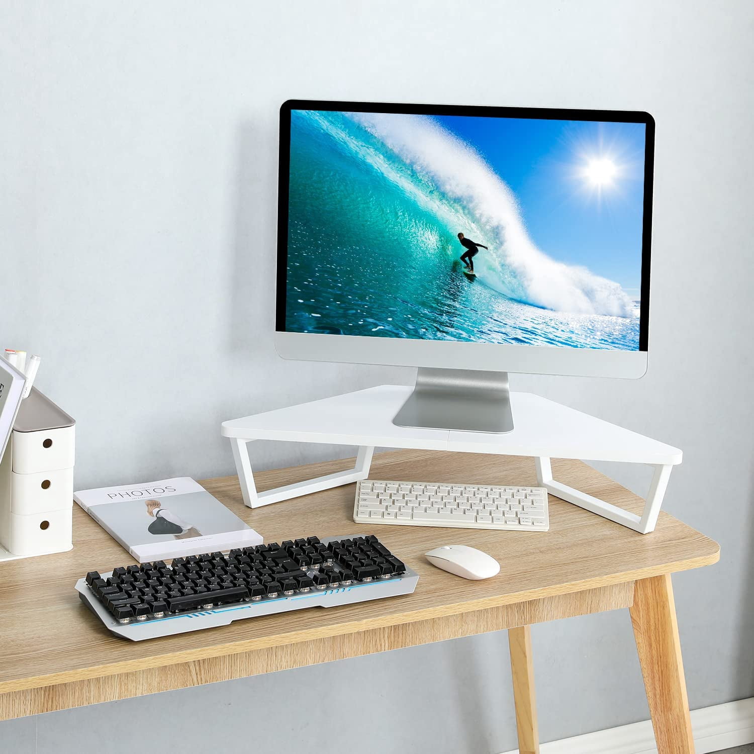 26 inch White Triangle Monitor Stand Riser, Desktop Corner Shelf with Metal Leg Wood Computer Stand with Storage Laptop Riser Office Organization