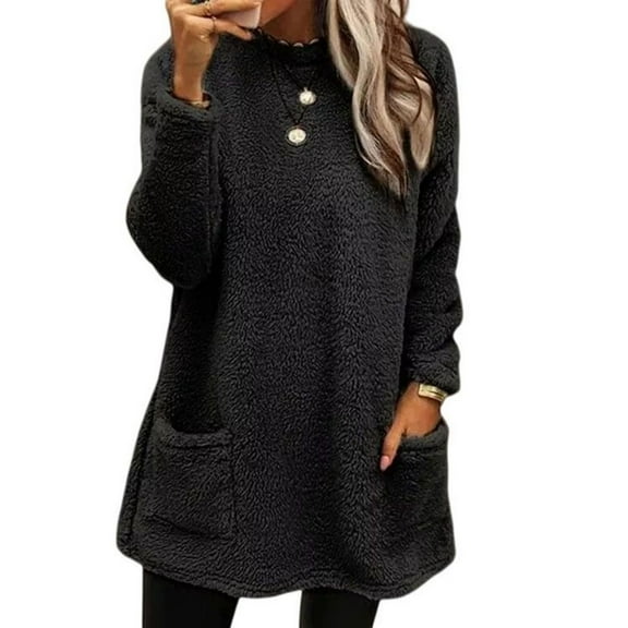 SWSMCLT Women's Fleece Sweatshirt Soft Fuzzy Cotton Pajamas Winter Spring Casual Basic Long Sleeve Top Cute Cozy Thick Black Large