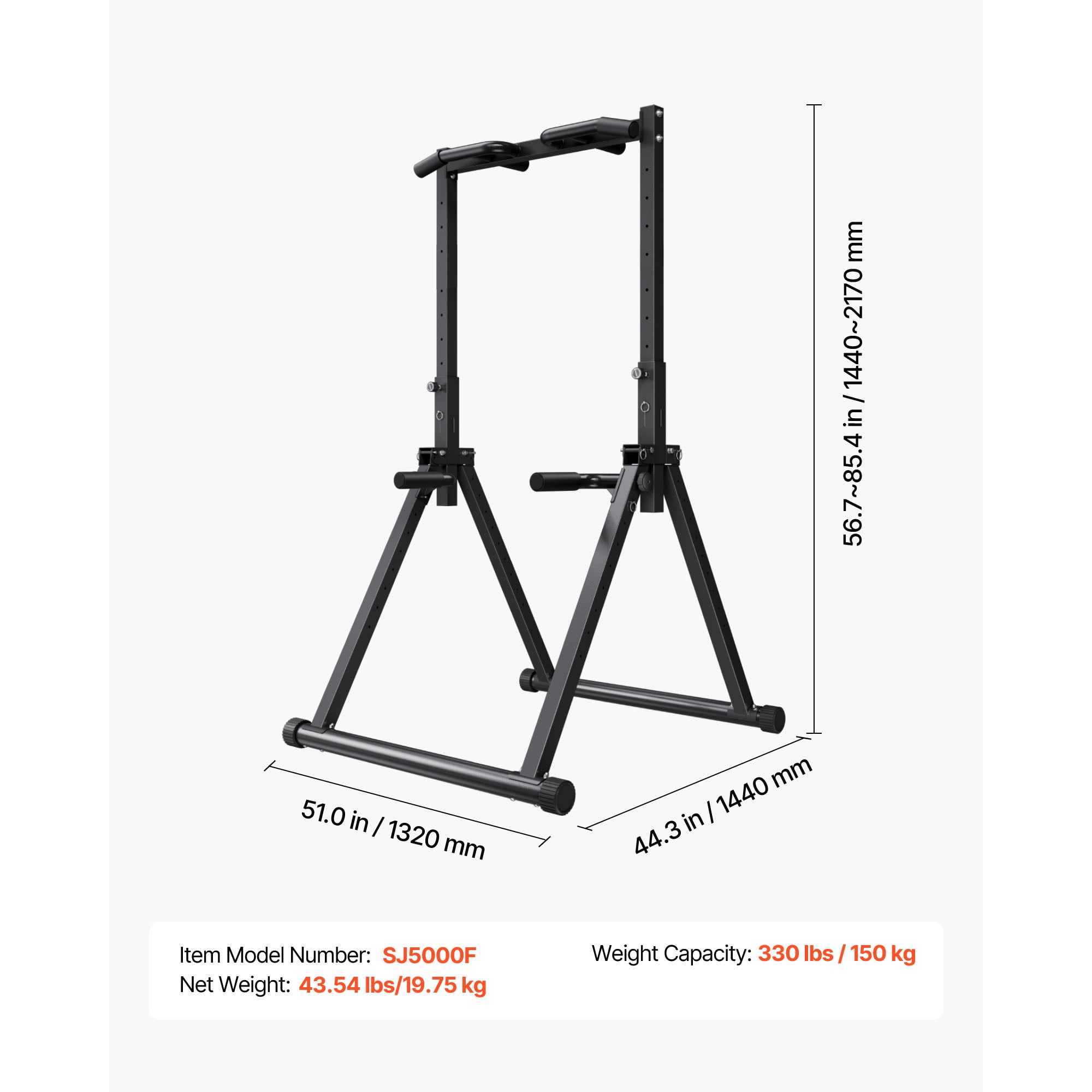 KFFKFF Portable Pull-Up Bar Station, 330LBS Capacity, Free-Standing with Sturdy Triangular Frame & Durable Steel Tubing, 9 Adjustable Height Levels for Strength Training of Arms and Back