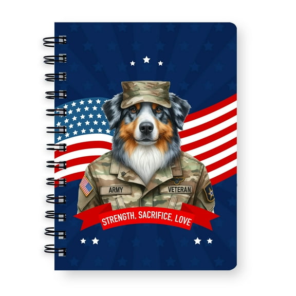 Happy Father's Day Honoring Veterans Australian Shepherd in Army Uniform Spiral Bound Journal Aussie Dog Lover Gifts 5x7in Spiral Notebook - 13007
