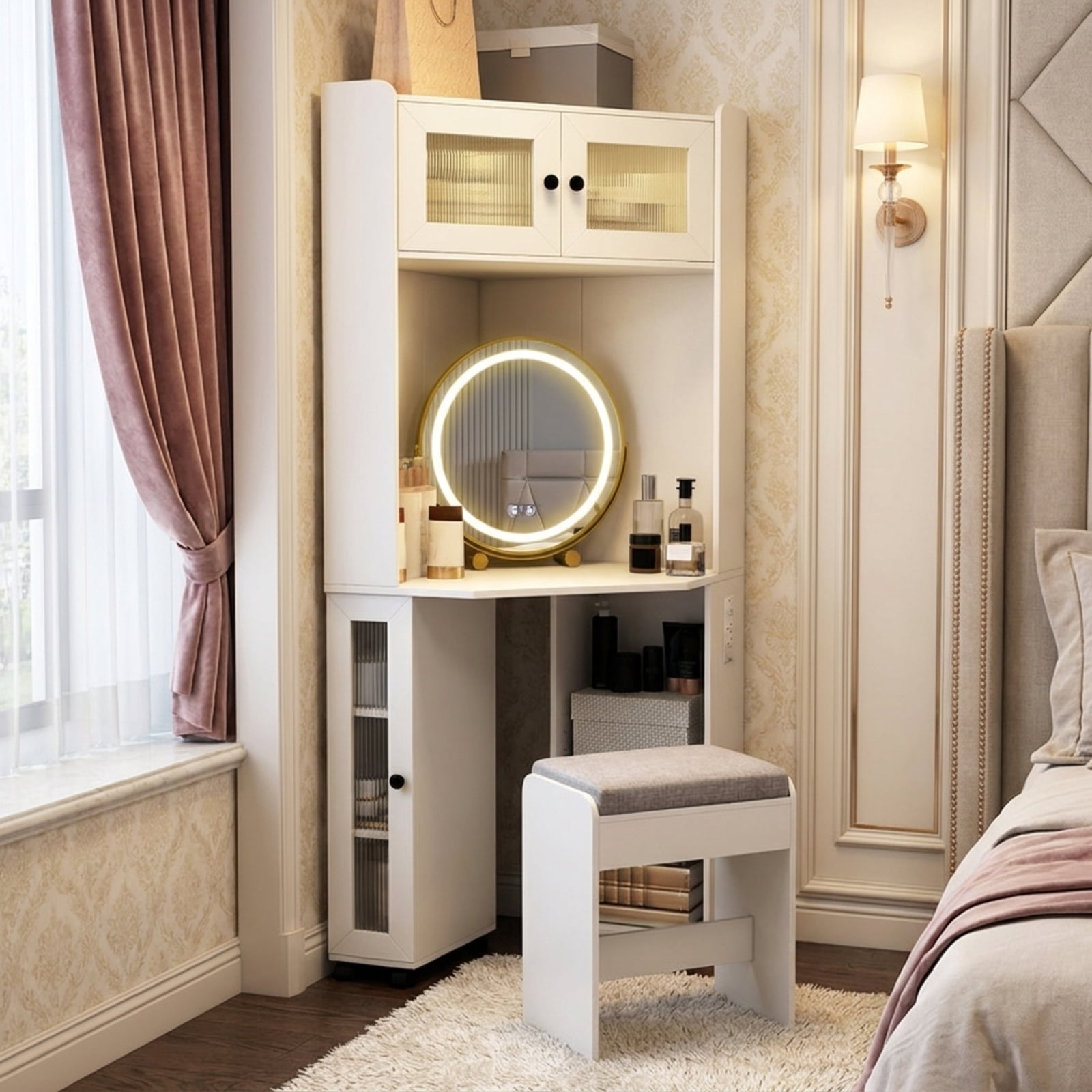 Furnibear Compact Corner Vanity Desk with 360 Rotating Lighted Mirror Cabinets and Stool for Small Bedroom Makeup Room, White