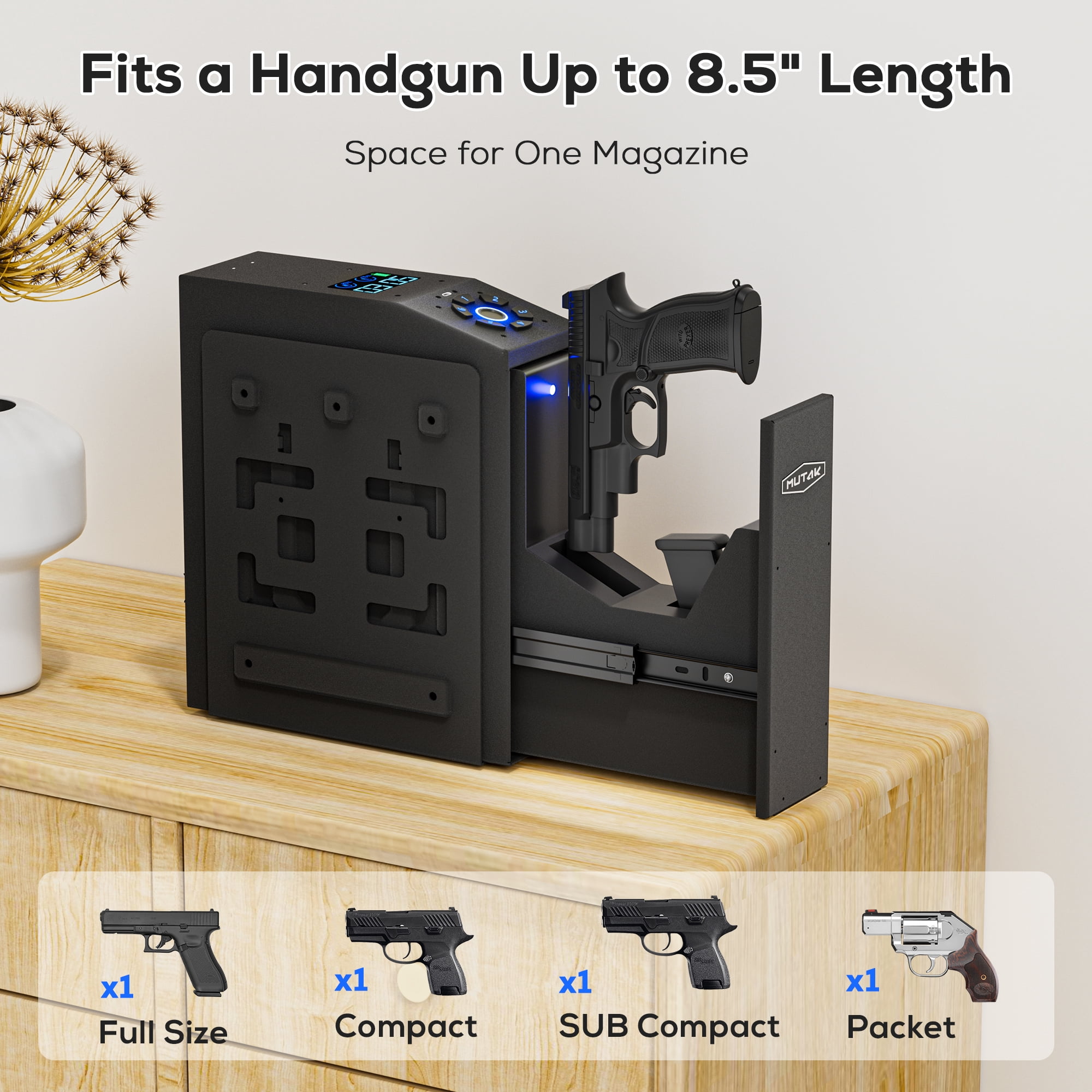MUTAK Biometric Gun Safe for Handgun with LCD Screen for Nightstand, Desk, Bed Side,Truck - Auto Sliding Door Hand Gun Safe for Pistol with APP/Fingerprint/PIN Code/KEY
