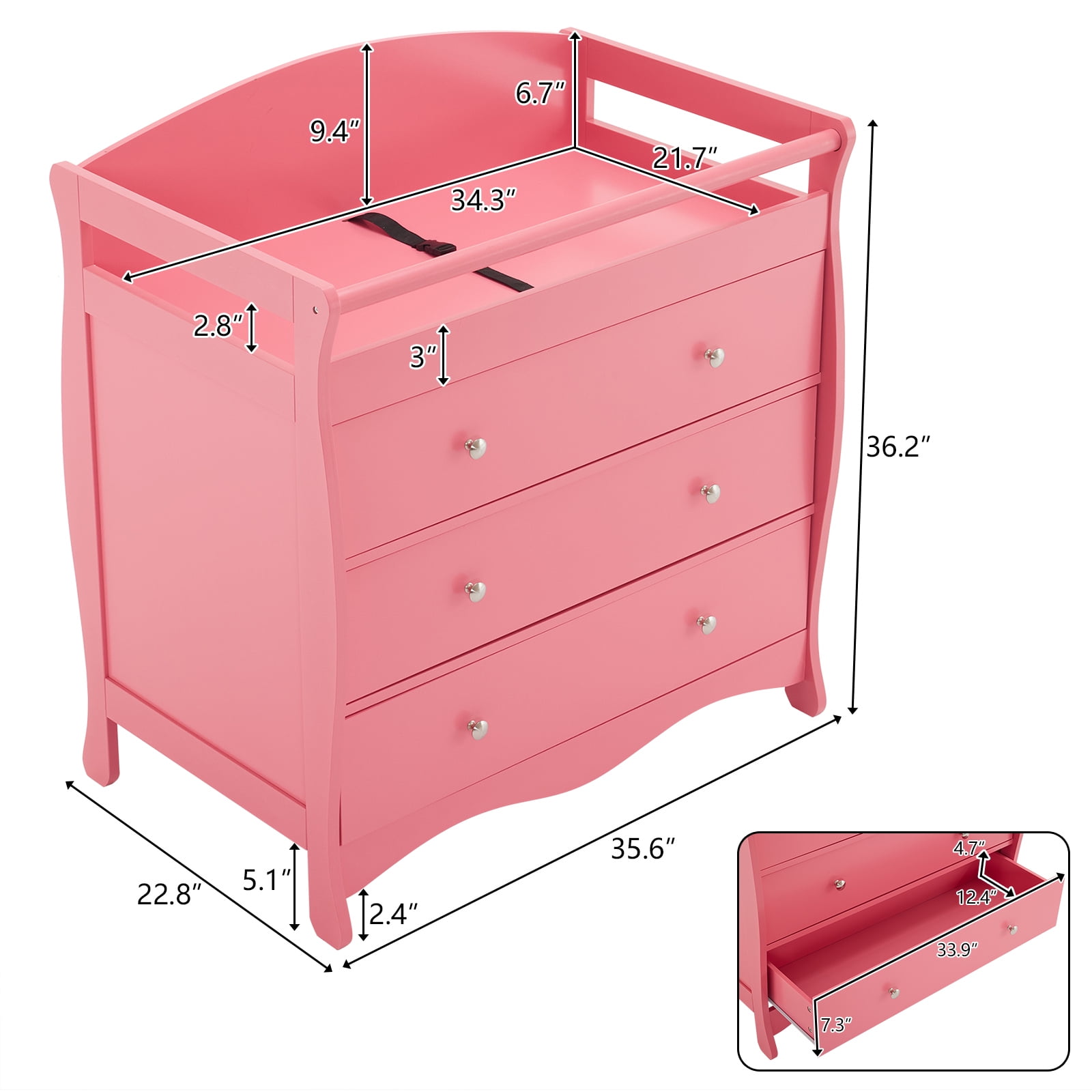 Zimtown Wood Changing Table with Drawers,Baby Dresser, Infant Diaper Station Nursery Organizer, Pink