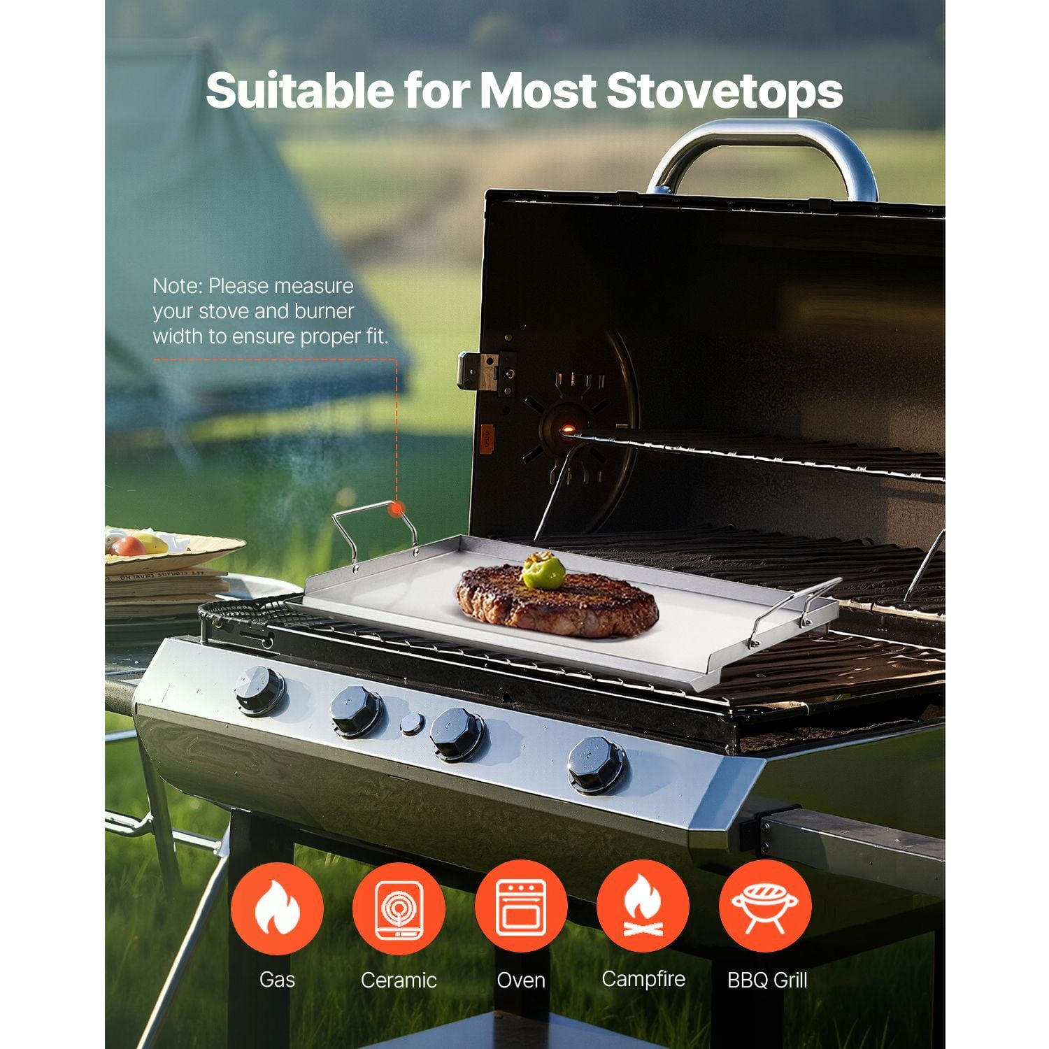 23x16 Inch Stainless Steel Griddle, Universal Flat Top gases Grill Plate with Handle, convenient for BBQ Camping Tailgating Party