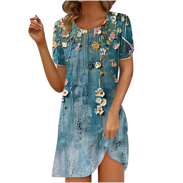 Puntoco Mujer Verano Casual Impreso Playa Manga Corta Cuello Redondo Suelto Camiseta Sin Mangas Vestido Manga Corta Cuello Redondo Vestido Azul Xxl,Regalos Para Mujer Joven