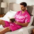 thumbnail image 5 of Leidass Mens Pajama Set Short Sleeve Button Down Sleepwear Set with Shorts Satin Lounge Set Notch Collar Pocket Hot Pink L, 5 of 6