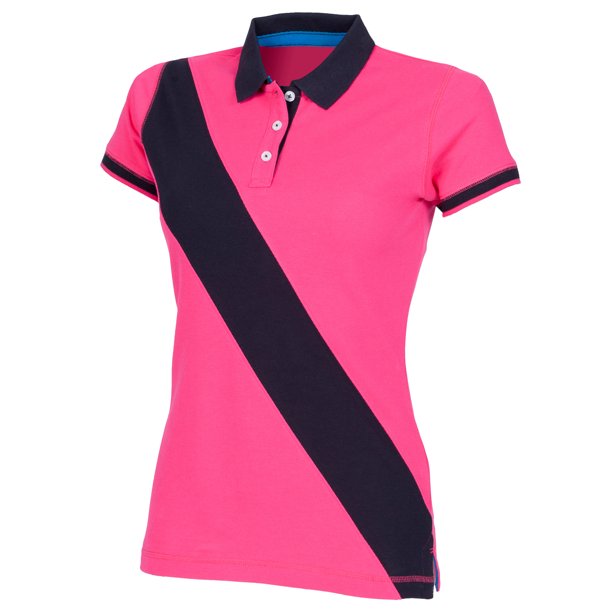 Front Row- Polo de manga corta con franja en diagonal para mujer (Rosa/Azul marino)