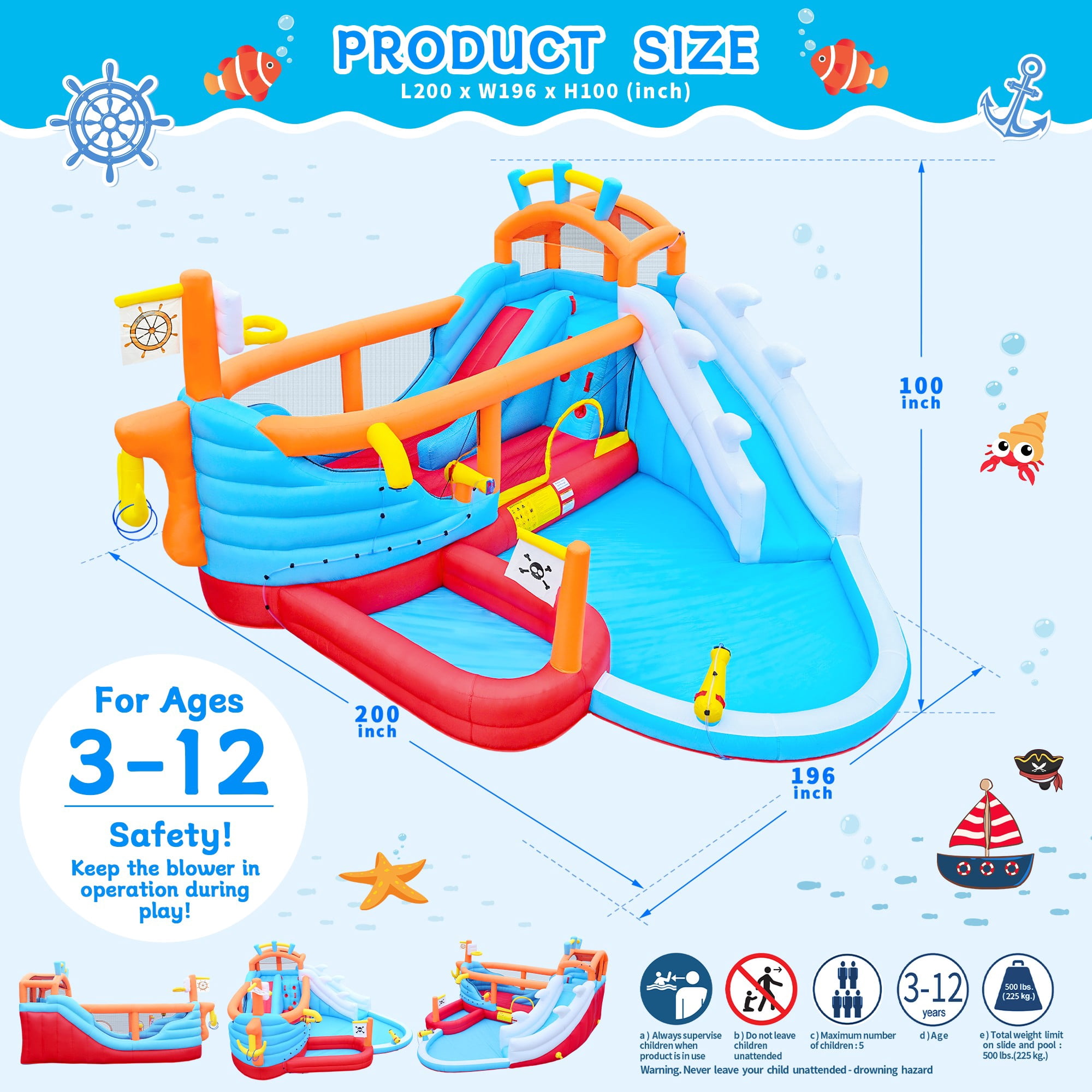 Aukfa Inflatable Water Slide Bounce House with Blower, Double Slide Water Park for Kids 3–12, Kids Play Center with Climbing Wall, Splash Pool, Water Guns for Backyard Birthday Party