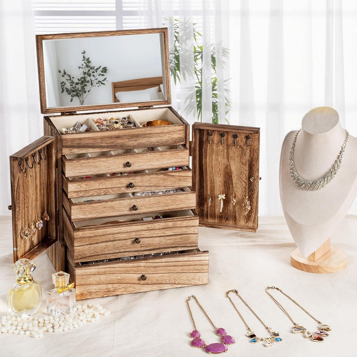 Sfugno Jewelry Box,  6-Tier Large Wooden Jewelry Organizer Boxes for Women, Wood jewlery Storage Display for Rings Earrings Necklaces,Brown