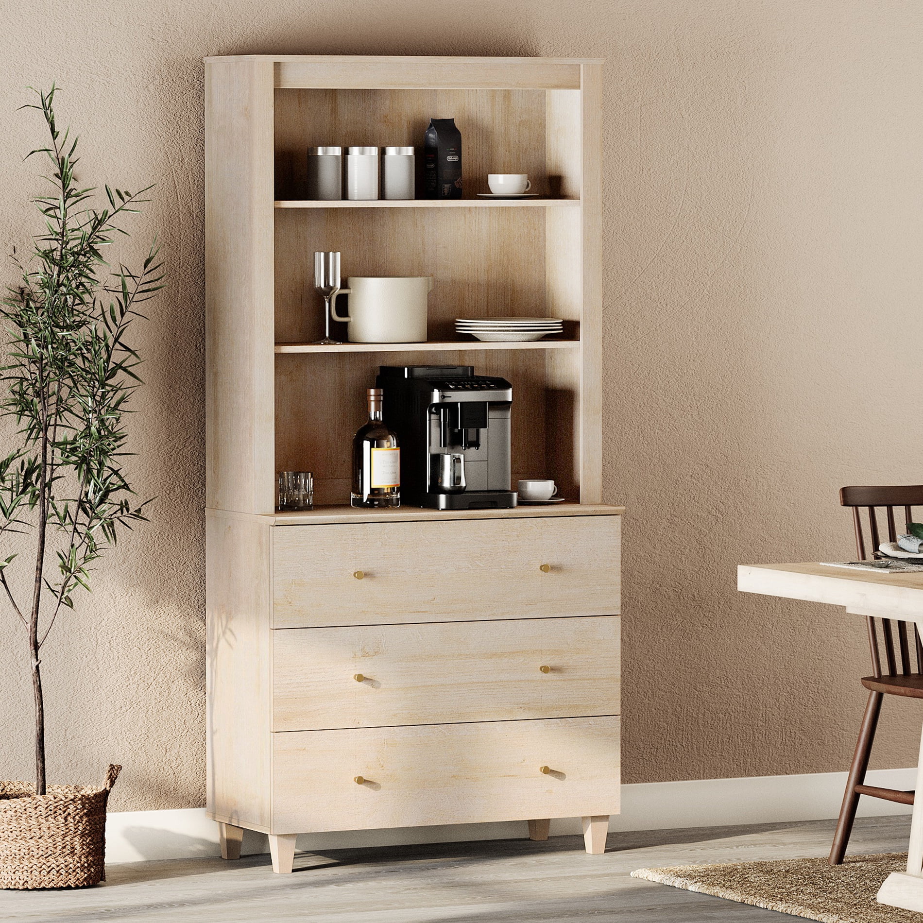WAMPAT Modern 71" Tall Pantry Cabinet with 3 Smooth-Glide Drawers & Adjustable Shelf for Dining Room, Natural Oak