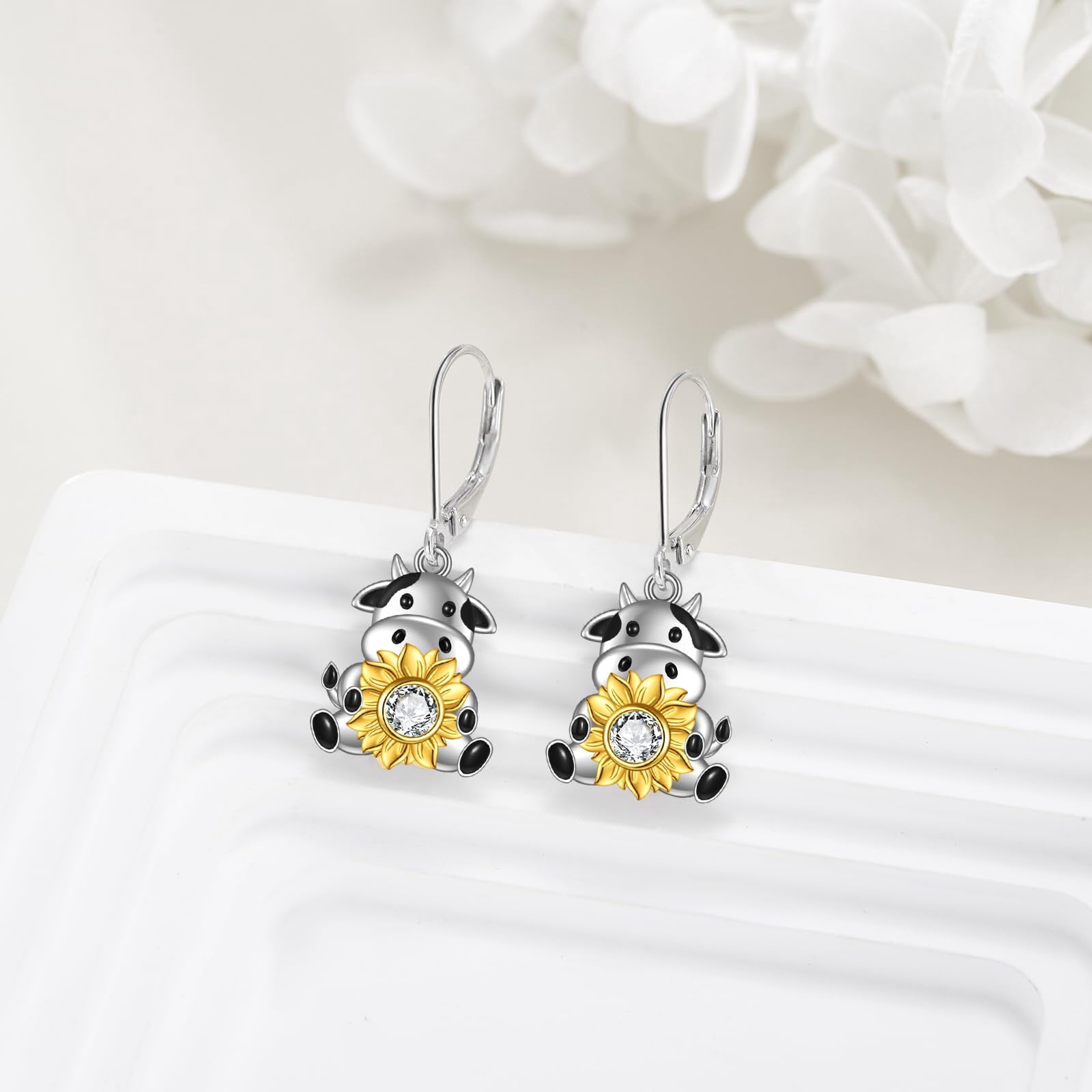 Cow Earrings Sterling Silver Sunflowers Lever Back Earrings Animal Jewelry for Woman Gifts (cow earring)