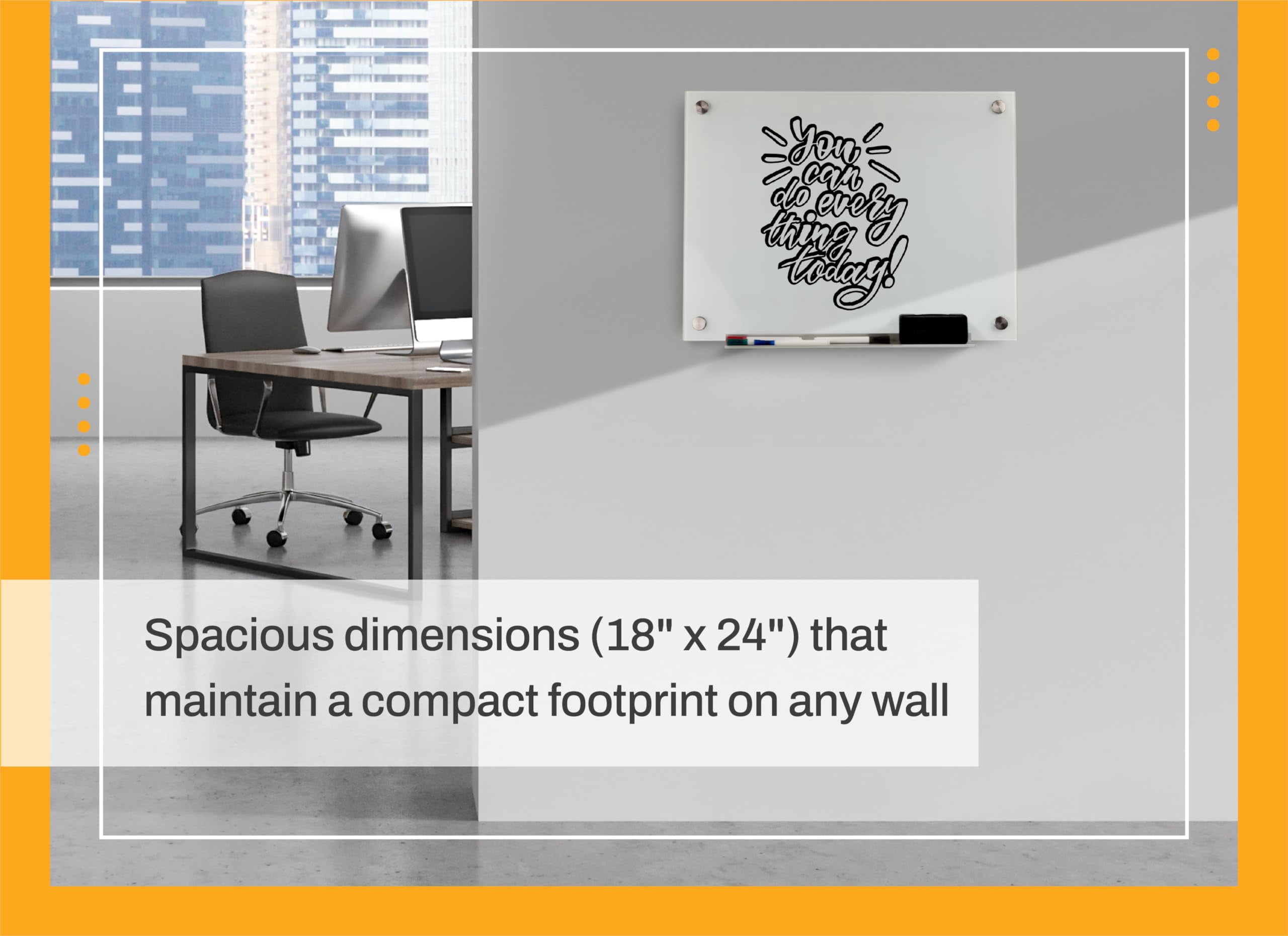 Real Glass Dry Erase Board, 18" x 24", Bright White Tempered Glass Surface, Frameless Wall Mount, with 4 Assorted Color Markers and Eraser, by Better Office Products
