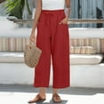 thumbnail image 2 of Linen Red Crop Pants for Women Lightweight High Waist Drawstring Bell Bottom Comfy Capri Pants Elastic Stretch Summer Gauze Pants with Pockets S, 2 of 7